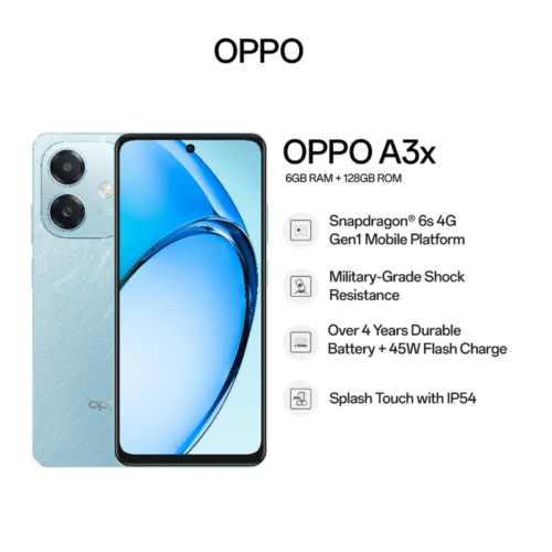 OPPO-A3x.png OPPO A3x | 6GB RAM + 128GB ROM | Snapdragon 6s 4G Gen1 | Military-Grade Shock Resistance | IP54 | Smartphone