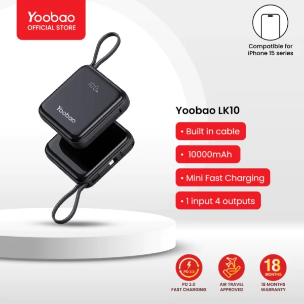Yoobao LK10 10000mAh Mini Fast Charging Powerbank Built in Cables (Lightning & Type C) PD20W SCP22.5W